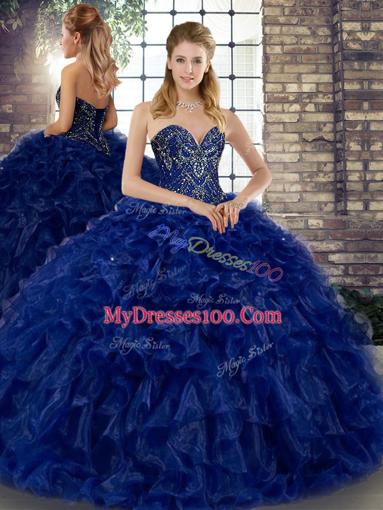Free and Easy Royal Blue Sweetheart Lace Up Beading and Ruffles Quinceanera Dress Sleeveless