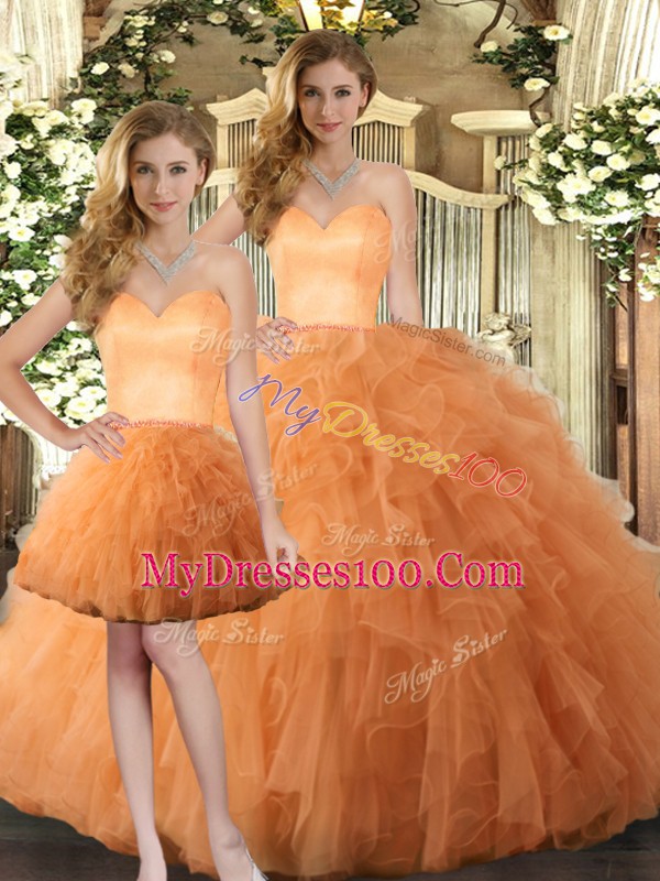 Noble Orange Three Pieces Ruffles Quinceanera Dresses Lace Up Tulle Sleeveless Floor Length