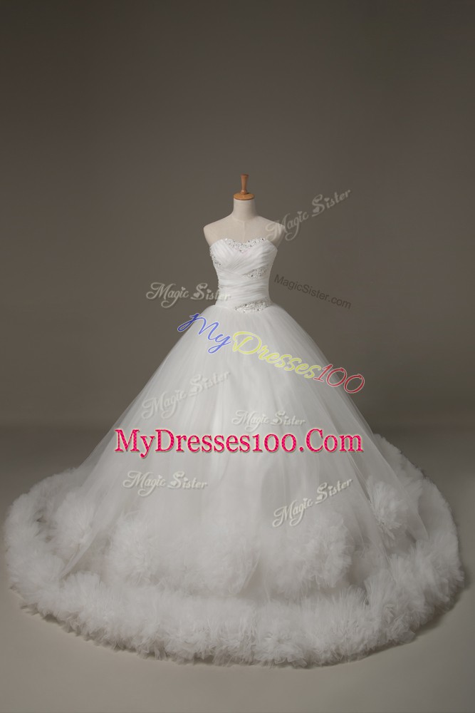 Custom Design White Wedding Dress Sweetheart Sleeveless Court Train Lace Up