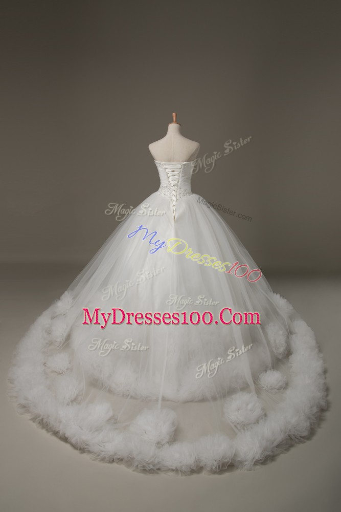 Custom Design White Wedding Dress Sweetheart Sleeveless Court Train Lace Up
