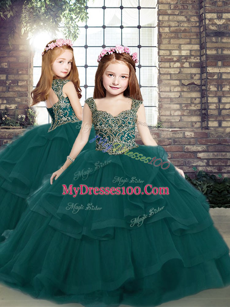 Floor Length Lace Up Girls Pageant Dresses Peacock Green for Party and Military Ball and Wedding Party with Beading and Ruffles