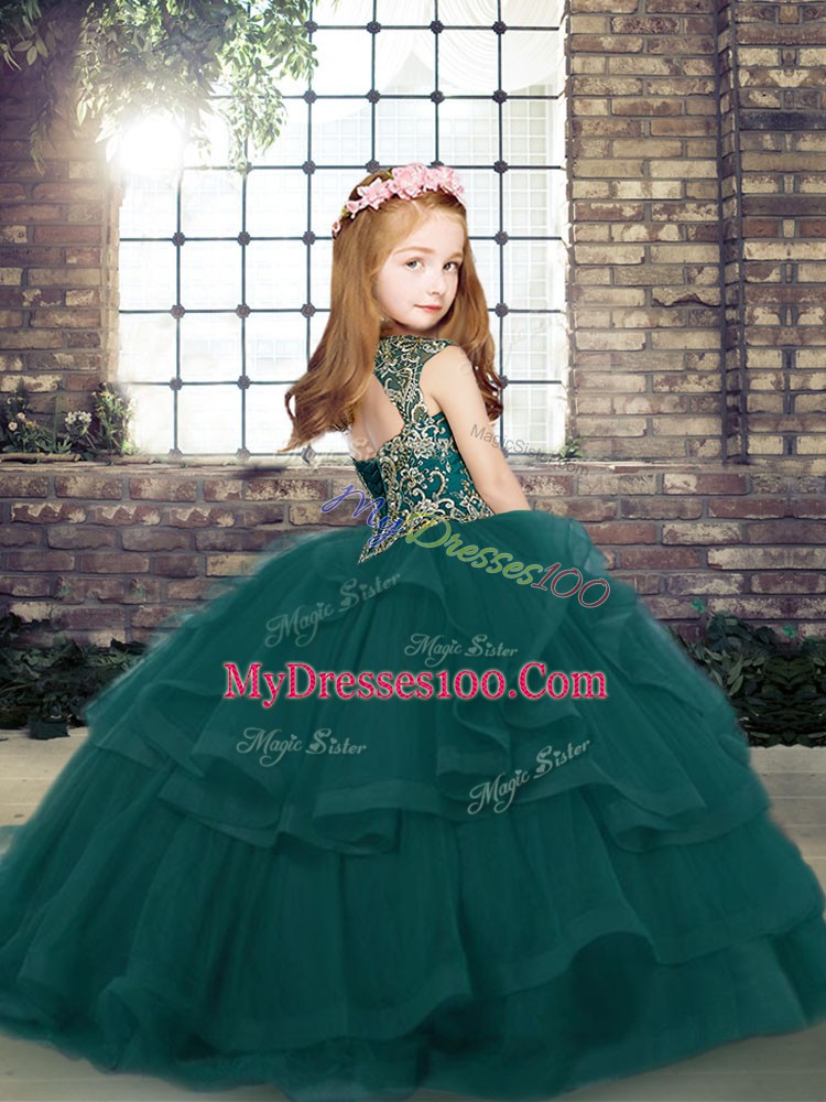 Floor Length Lace Up Girls Pageant Dresses Peacock Green for Party and Military Ball and Wedding Party with Beading and Ruffles