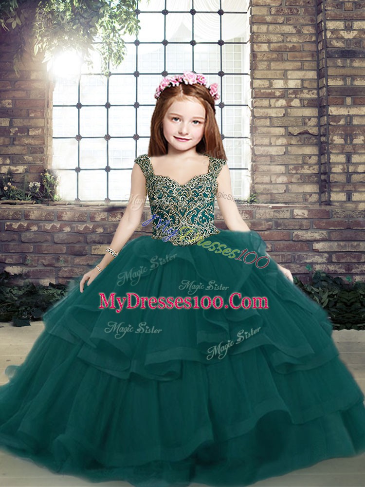 Floor Length Lace Up Girls Pageant Dresses Peacock Green for Party and Military Ball and Wedding Party with Beading and Ruffles