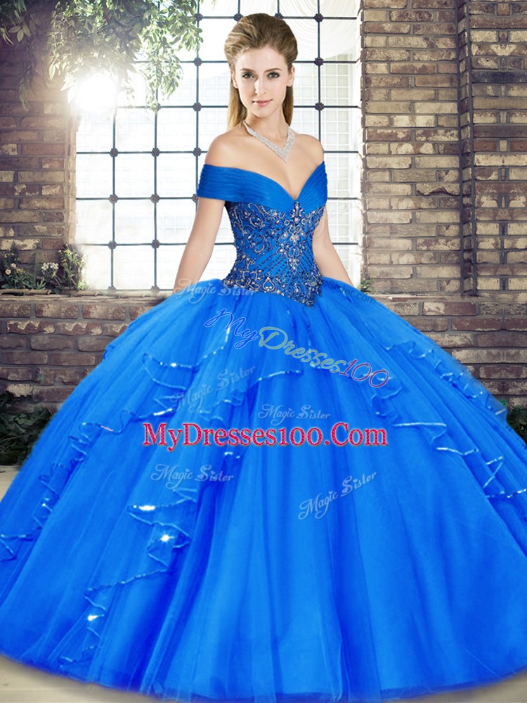 Exquisite Royal Blue Sleeveless Beading and Ruffles Floor Length 15th Birthday Dress