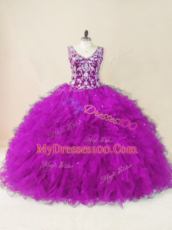 Beading Quinceanera Dress Fuchsia Backless Sleeveless Floor Length