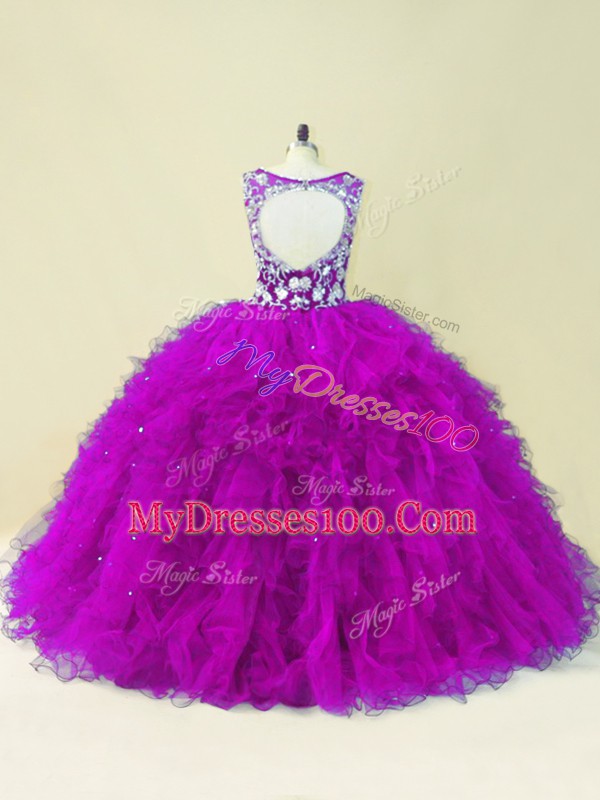 Beading Quinceanera Dress Fuchsia Backless Sleeveless Floor Length
