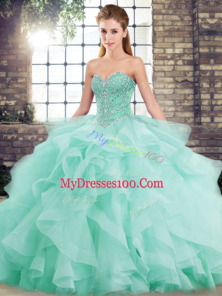 Edgy Sweetheart Sleeveless 15 Quinceanera Dress Brush Train Beading and Ruffles Apple Green Tulle