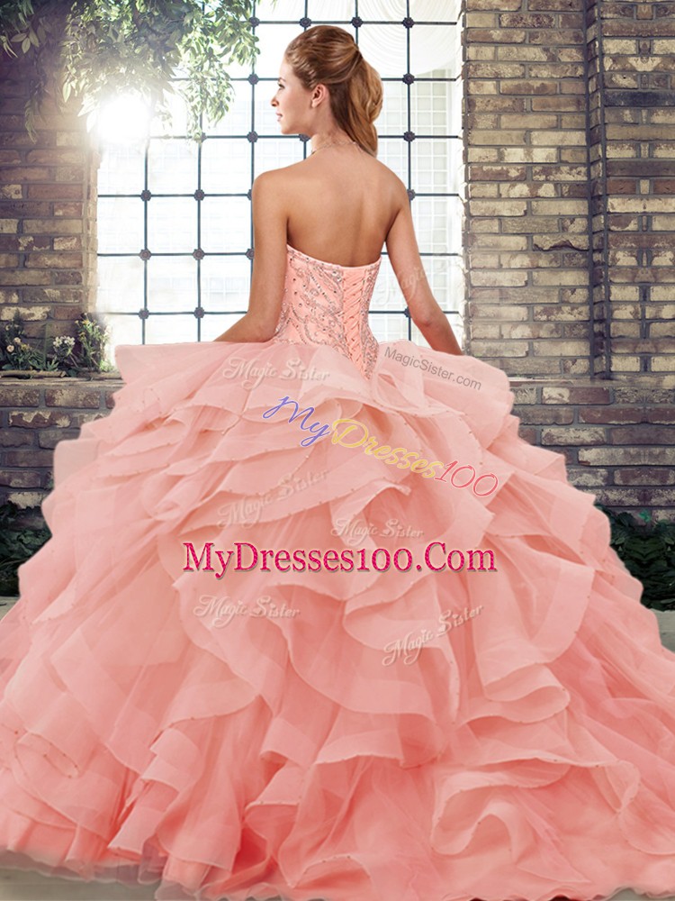 Edgy Sweetheart Sleeveless 15 Quinceanera Dress Brush Train Beading and Ruffles Apple Green Tulle