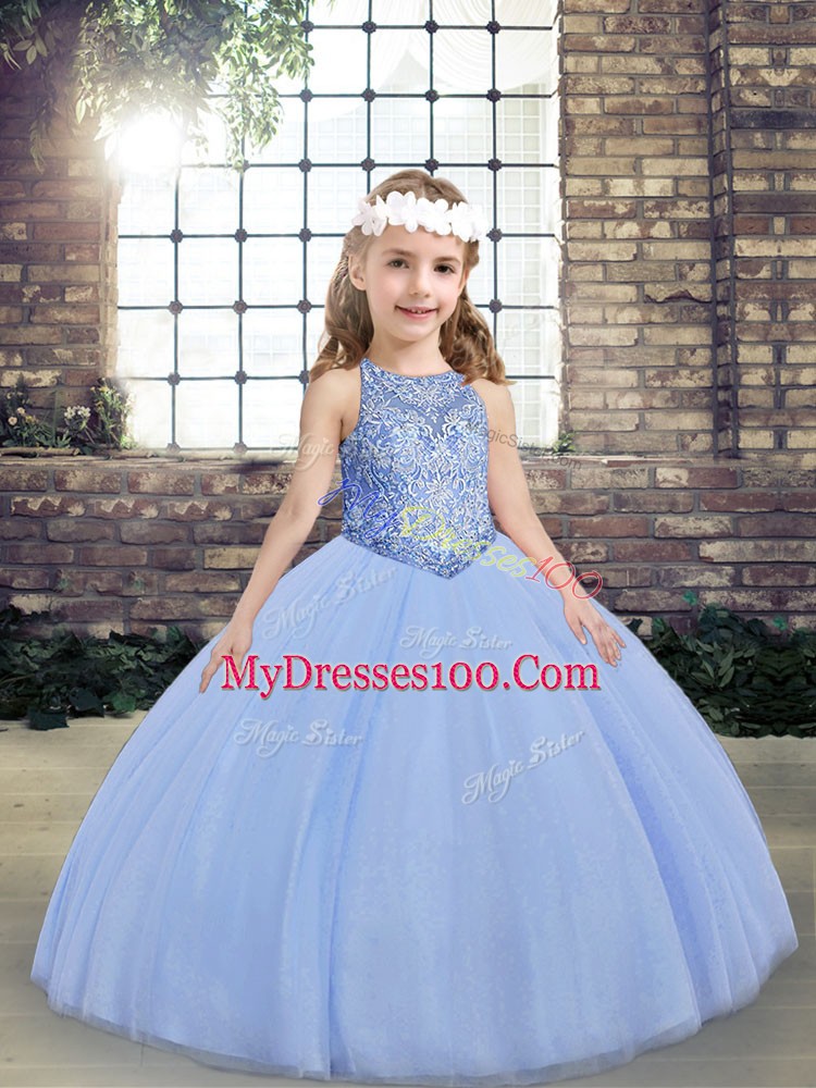 Inexpensive Ball Gowns Little Girls Pageant Dress Wholesale Light Blue Scoop Tulle Sleeveless Floor Length Lace Up
