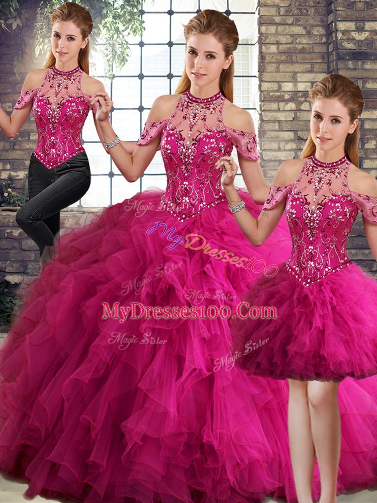 Comfortable Ball Gowns Quinceanera Gowns Fuchsia Halter Top Tulle Sleeveless Floor Length Lace Up