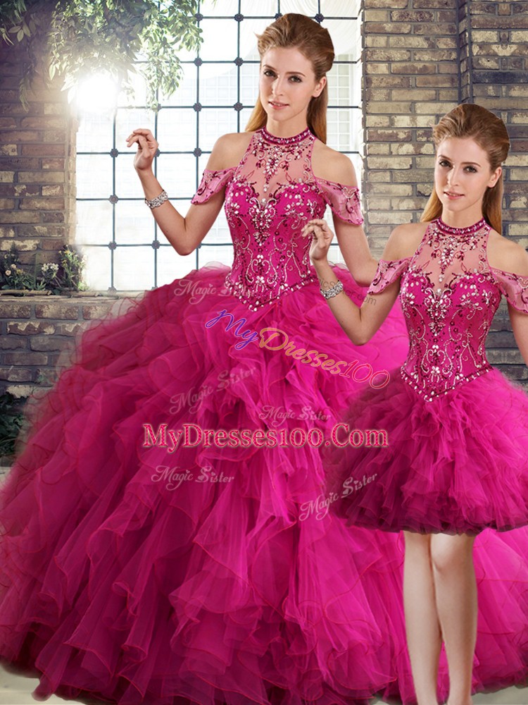 Comfortable Ball Gowns Quinceanera Gowns Fuchsia Halter Top Tulle Sleeveless Floor Length Lace Up