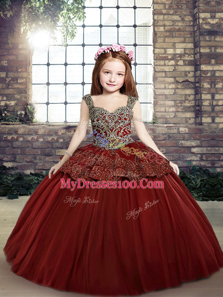 Discount Red Ball Gowns Beading Little Girls Pageant Dress Wholesale Lace Up Tulle Sleeveless Floor Length