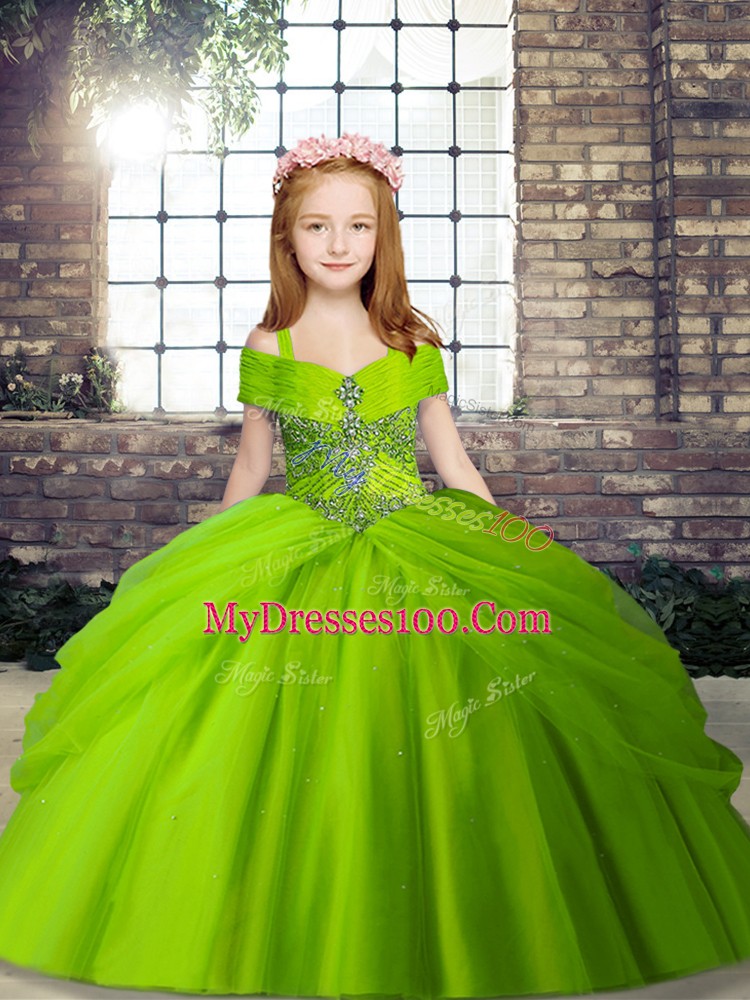New Style Ball Gowns Tulle Straps Sleeveless Beading Floor Length Lace Up Girls Pageant Dresses