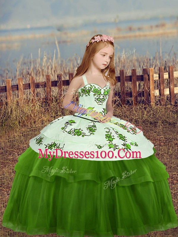 Gorgeous Green Ball Gowns Tulle Straps Sleeveless Embroidery Floor Length Lace Up Girls Pageant Dresses