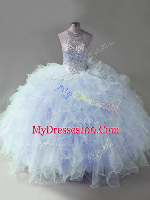 Lavender Ball Gowns Tulle Halter Top Sleeveless Beading and Ruffles Floor Length Lace Up Sweet 16 Dress