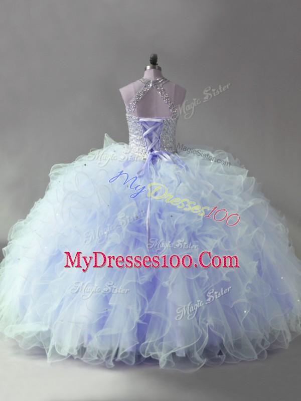 Lavender Ball Gowns Tulle Halter Top Sleeveless Beading and Ruffles Floor Length Lace Up Sweet 16 Dress