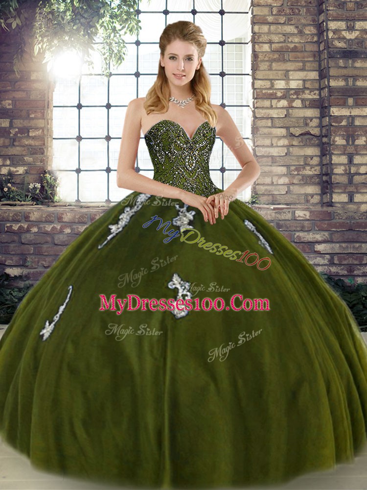 Adorable Sleeveless Floor Length Beading and Appliques Lace Up Quinceanera Dresses with Olive Green