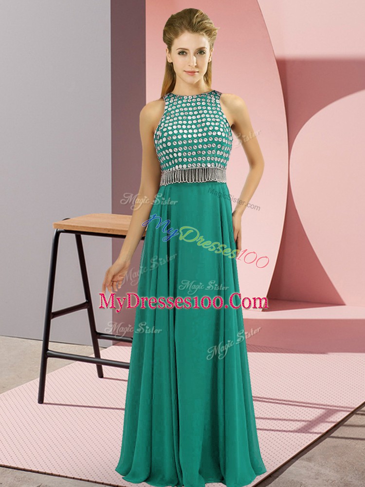 Turquoise Chiffon Side Zipper Scoop Sleeveless Floor Length Evening Dress Beading