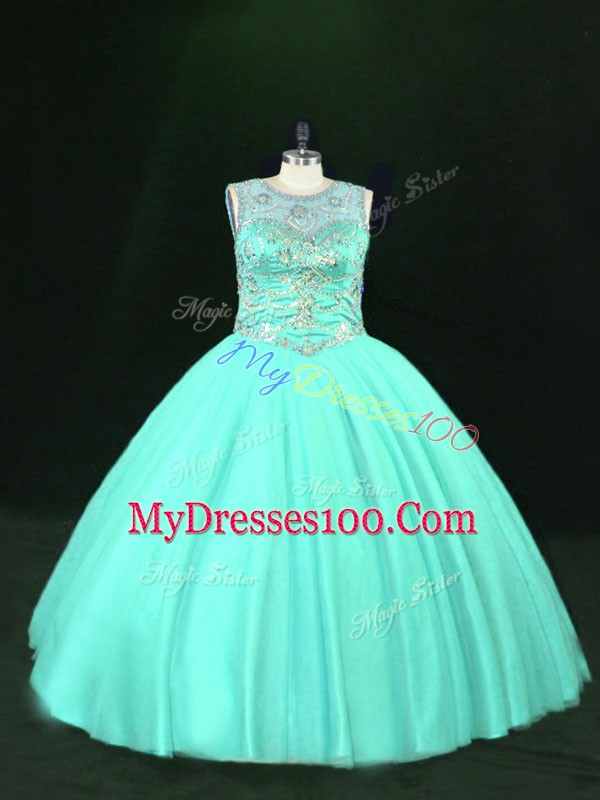 Sleeveless Tulle Floor Length Lace Up Sweet 16 Dresses in Turquoise with Beading