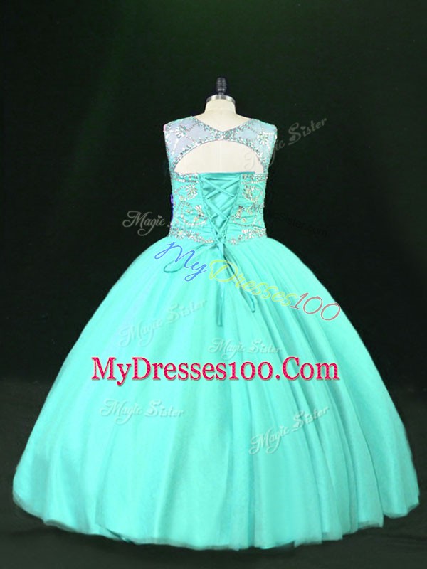 Sleeveless Tulle Floor Length Lace Up Sweet 16 Dresses in Turquoise with Beading