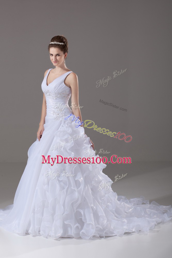 White Wedding Gowns Organza Brush Train Sleeveless Beading and Ruffles