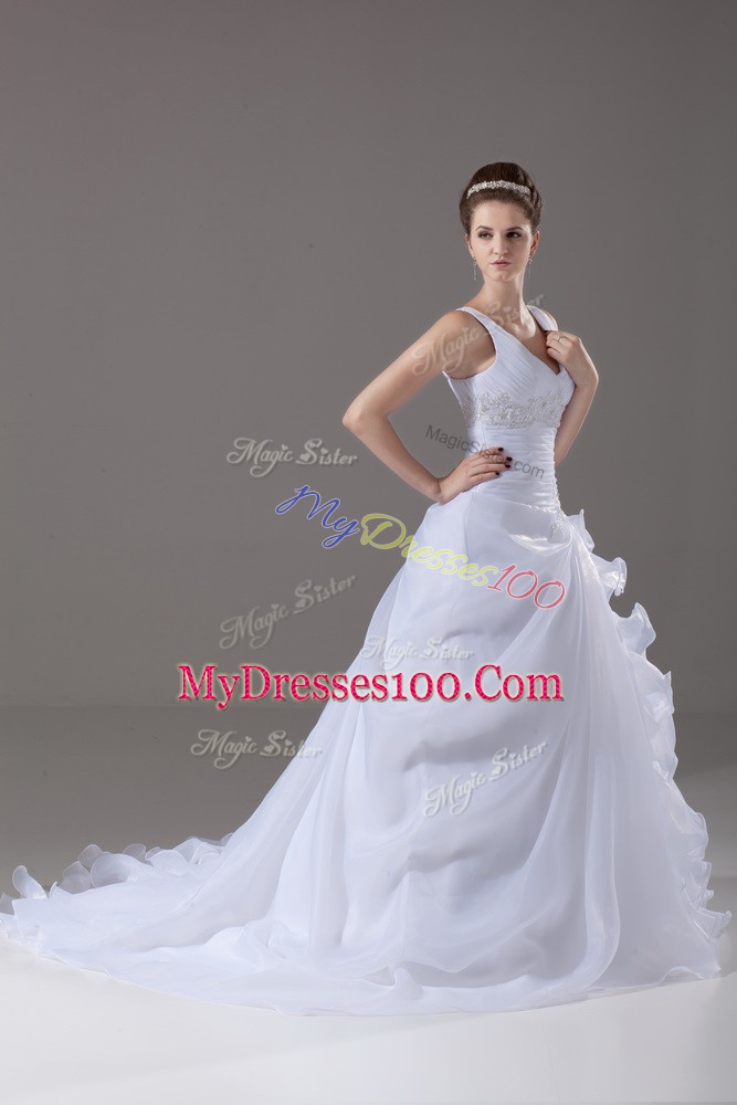 White Wedding Gowns Organza Brush Train Sleeveless Beading and Ruffles