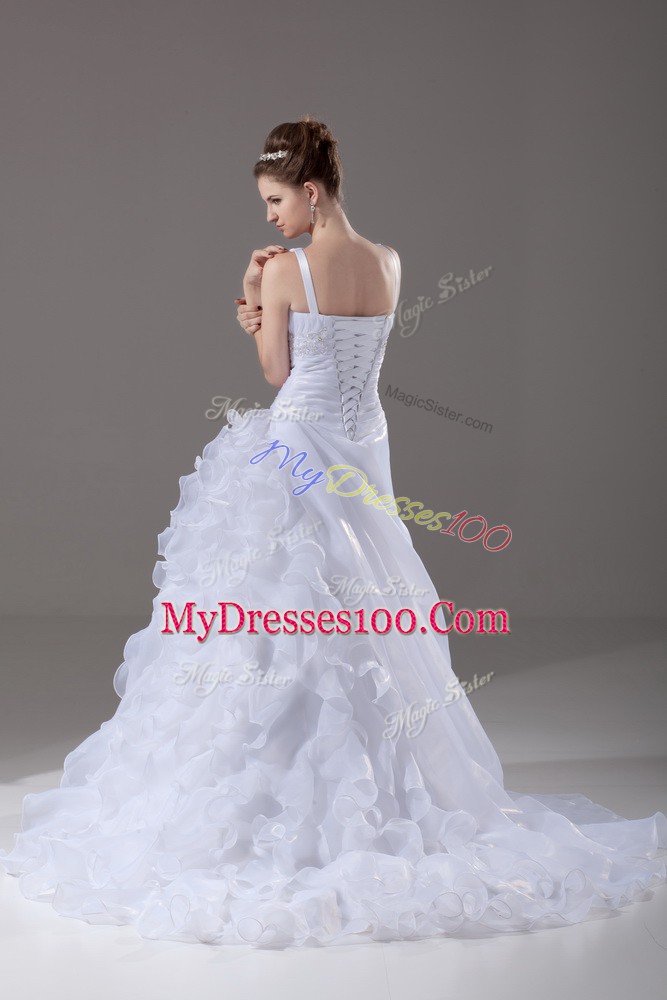 White Wedding Gowns Organza Brush Train Sleeveless Beading and Ruffles