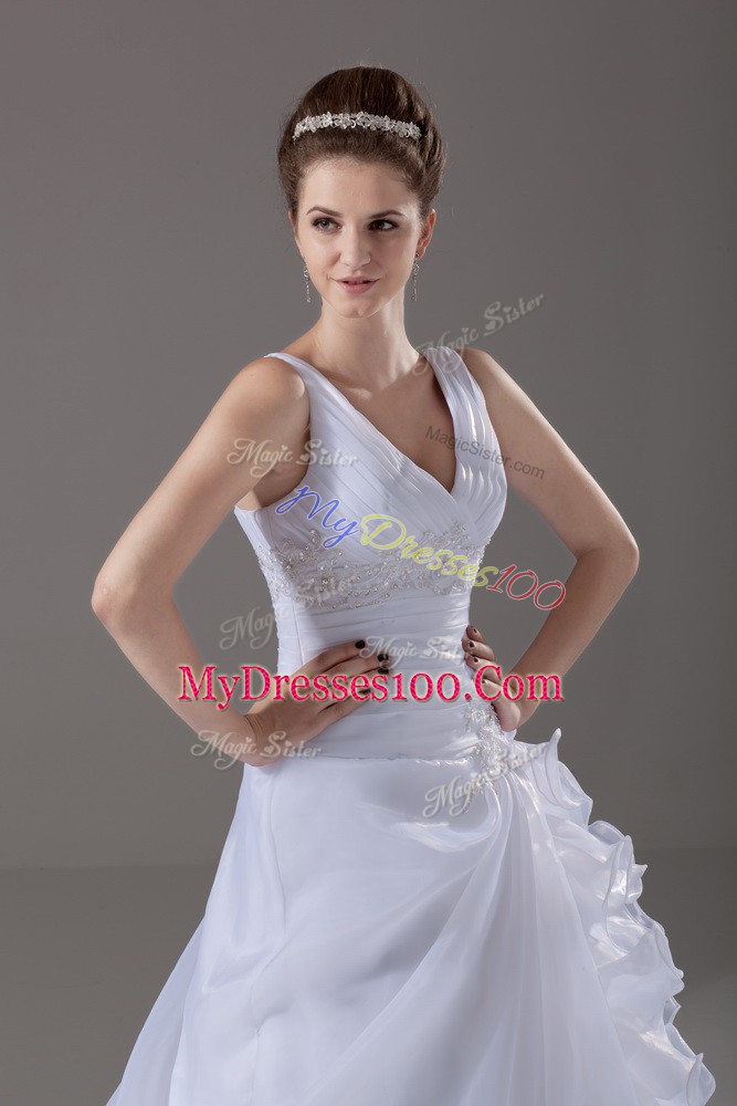 White Wedding Gowns Organza Brush Train Sleeveless Beading and Ruffles