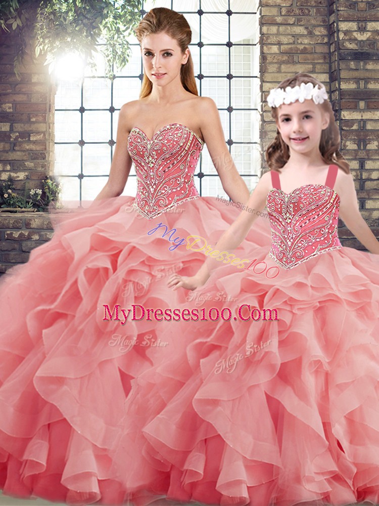 Sleeveless Brush Train Beading and Ruffles Lace Up Sweet 16 Quinceanera Dress