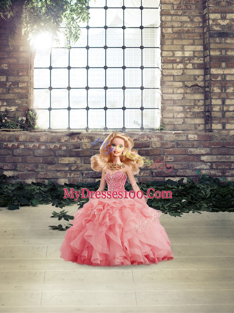 Sleeveless Brush Train Beading and Ruffles Lace Up Sweet 16 Quinceanera Dress