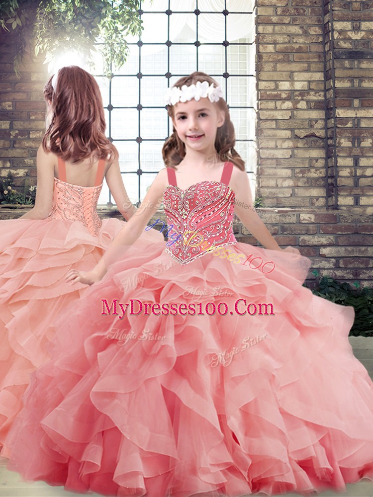 Sleeveless Brush Train Beading and Ruffles Lace Up Sweet 16 Quinceanera Dress