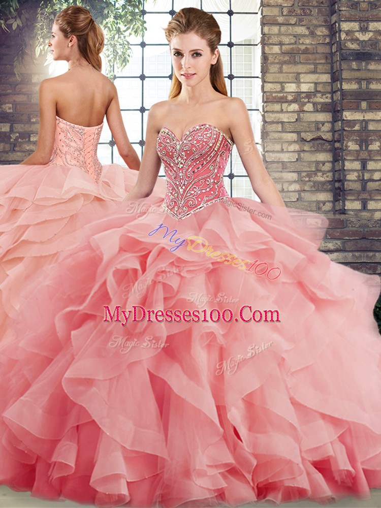 Sleeveless Brush Train Beading and Ruffles Lace Up Sweet 16 Quinceanera Dress