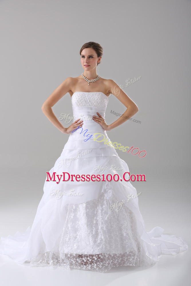 Stunning White A-line Strapless Sleeveless Organza Brush Train Lace Up Beading and Lace Wedding Gown