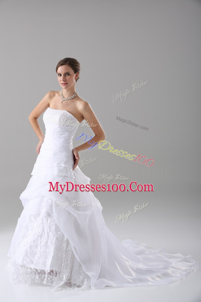 Stunning White A-line Strapless Sleeveless Organza Brush Train Lace Up Beading and Lace Wedding Gown