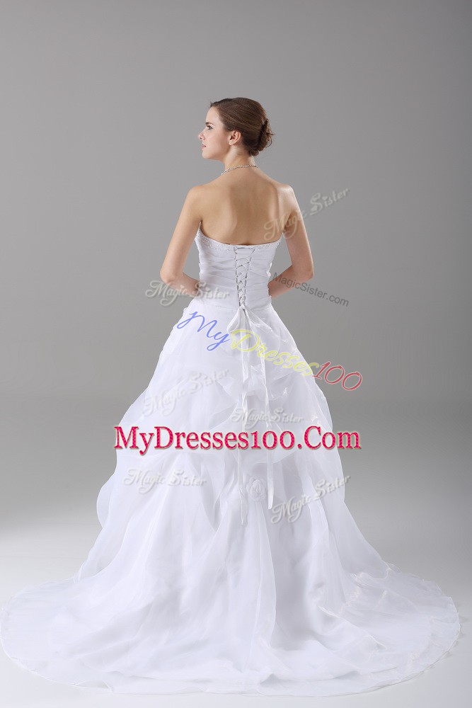 Stunning White A-line Strapless Sleeveless Organza Brush Train Lace Up Beading and Lace Wedding Gown