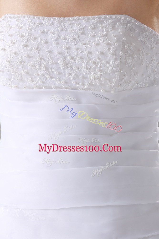 Stunning White A-line Strapless Sleeveless Organza Brush Train Lace Up Beading and Lace Wedding Gown