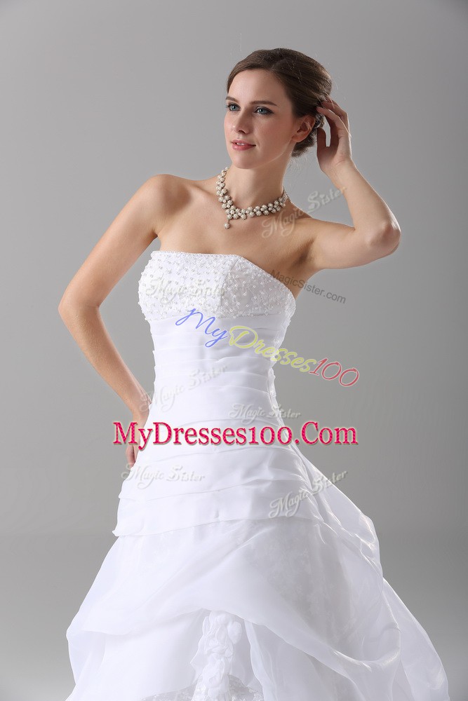 Stunning White A-line Strapless Sleeveless Organza Brush Train Lace Up Beading and Lace Wedding Gown