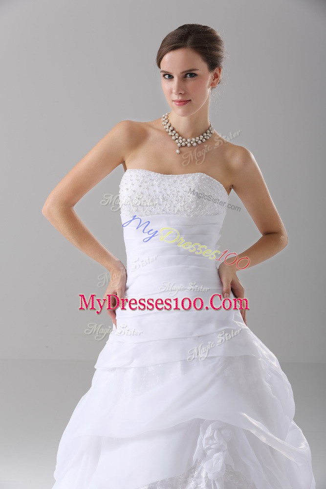 Stunning White A-line Strapless Sleeveless Organza Brush Train Lace Up Beading and Lace Wedding Gown