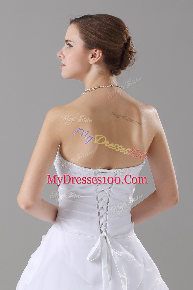 Stunning White A-line Strapless Sleeveless Organza Brush Train Lace Up Beading and Lace Wedding Gown