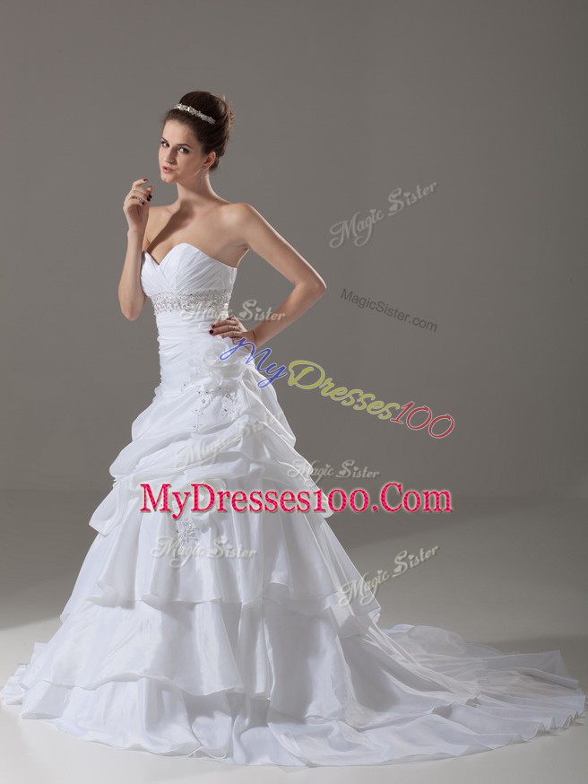Adorable White Wedding Dresses Wedding Party with Beading and Pick Ups and Hand Made Flower Sweetheart Sleeveless Brush Train Lace Up