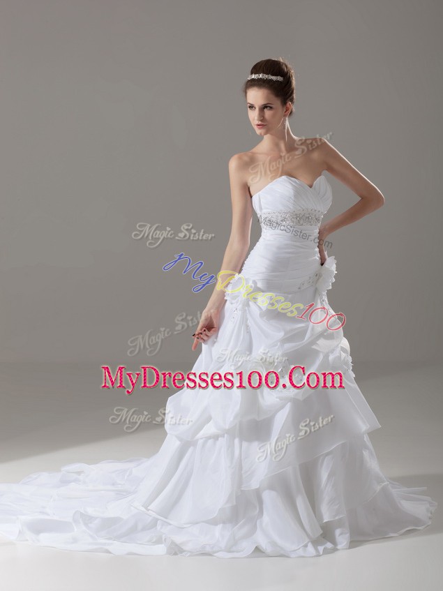 Adorable White Wedding Dresses Wedding Party with Beading and Pick Ups and Hand Made Flower Sweetheart Sleeveless Brush Train Lace Up