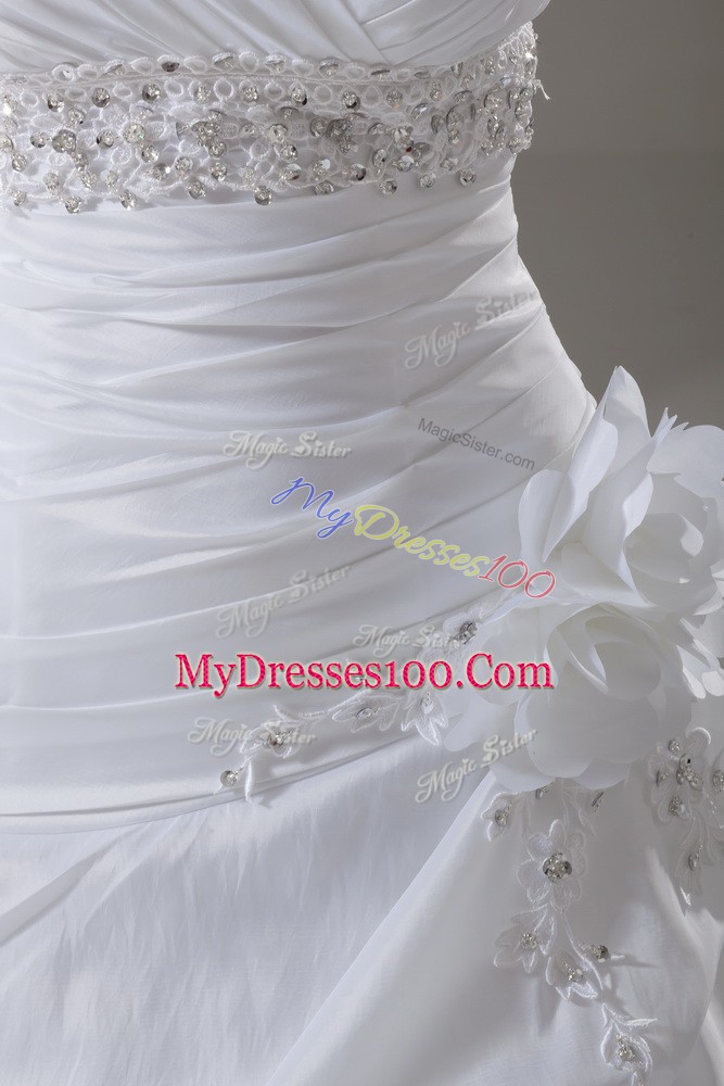 Adorable White Wedding Dresses Wedding Party with Beading and Pick Ups and Hand Made Flower Sweetheart Sleeveless Brush Train Lace Up