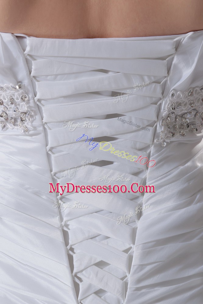 Adorable White Wedding Dresses Wedding Party with Beading and Pick Ups and Hand Made Flower Sweetheart Sleeveless Brush Train Lace Up