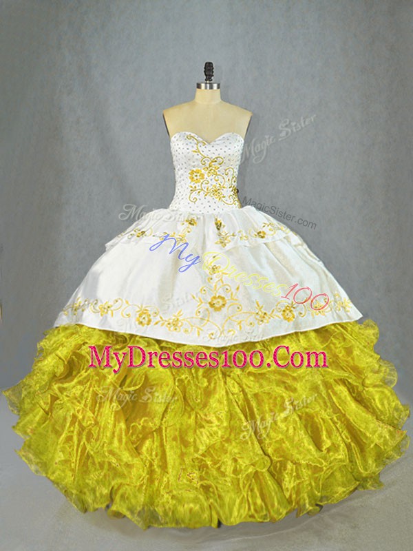 Hot Sale Yellow Lace Up Sweetheart Beading and Embroidery and Ruffles 15 Quinceanera Dress Satin and Organza Sleeveless Brush Train