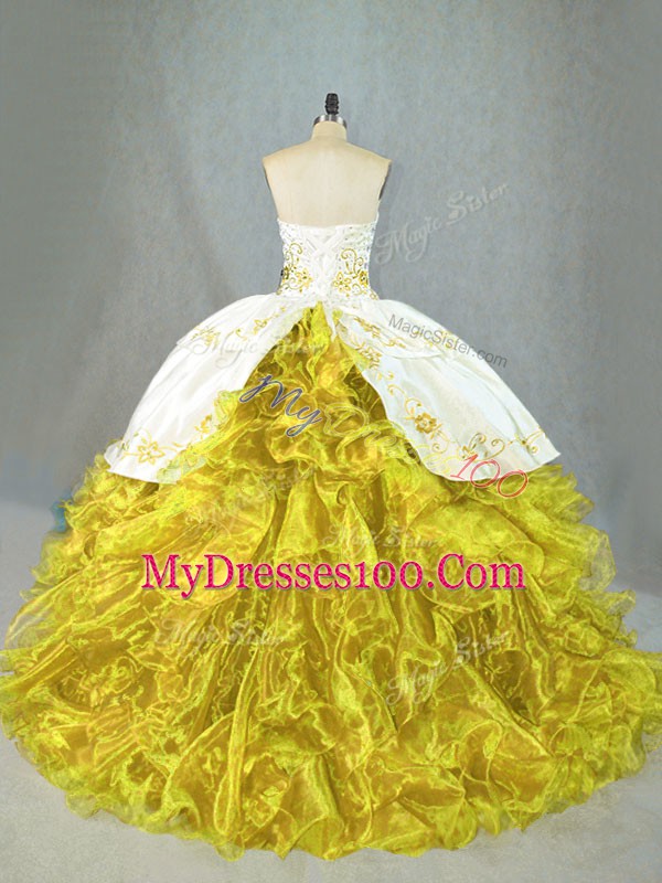 Hot Sale Yellow Lace Up Sweetheart Beading and Embroidery and Ruffles 15 Quinceanera Dress Satin and Organza Sleeveless Brush Train
