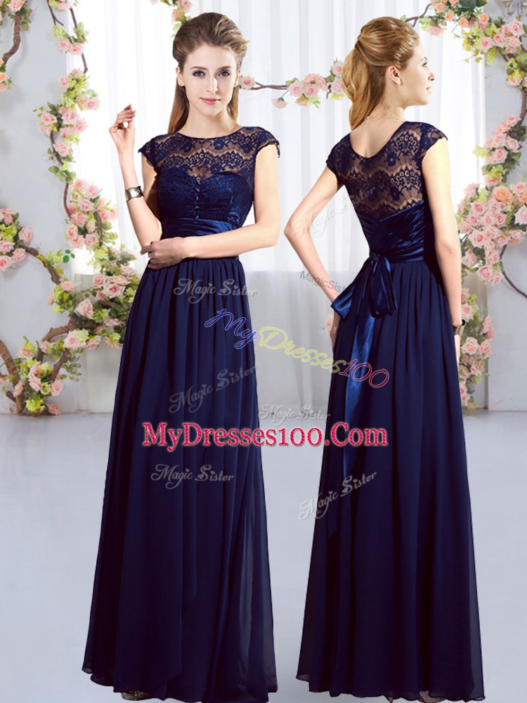 Scoop Cap Sleeves Chiffon Bridesmaid Gown Lace and Belt Zipper
