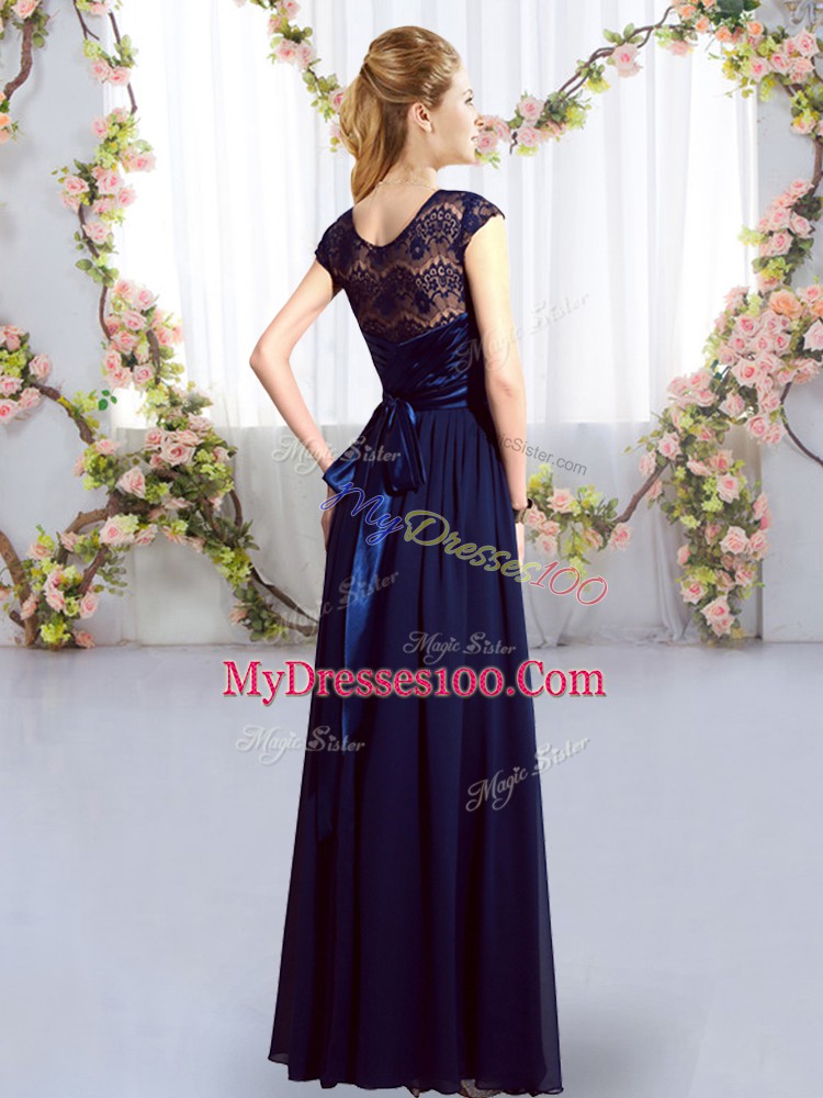 Scoop Cap Sleeves Chiffon Bridesmaid Gown Lace and Belt Zipper