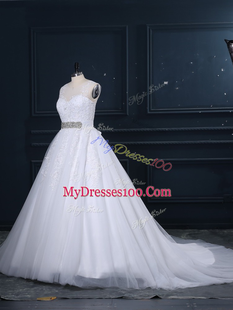 Trendy White Ball Gowns Beading and Lace Wedding Gown Zipper Tulle Sleeveless