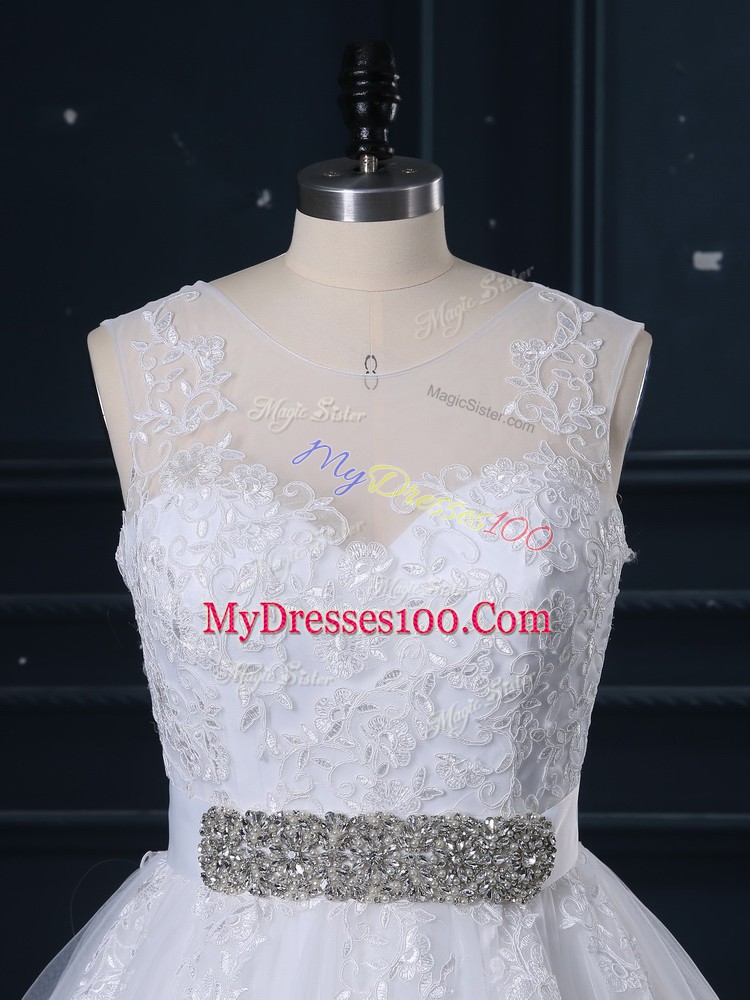 Trendy White Ball Gowns Beading and Lace Wedding Gown Zipper Tulle Sleeveless