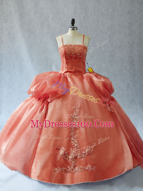 Rust Red Ball Gowns Organza Straps Sleeveless Appliques Floor Length Lace Up Sweet 16 Dress